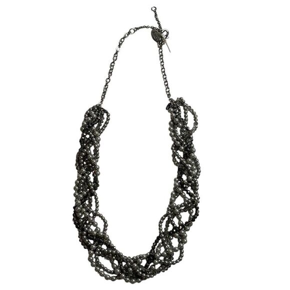 Loft Multi-Strand Gunmetal Tone Necklace Simulated Pearls Rhinestones - Picture 6 of 13